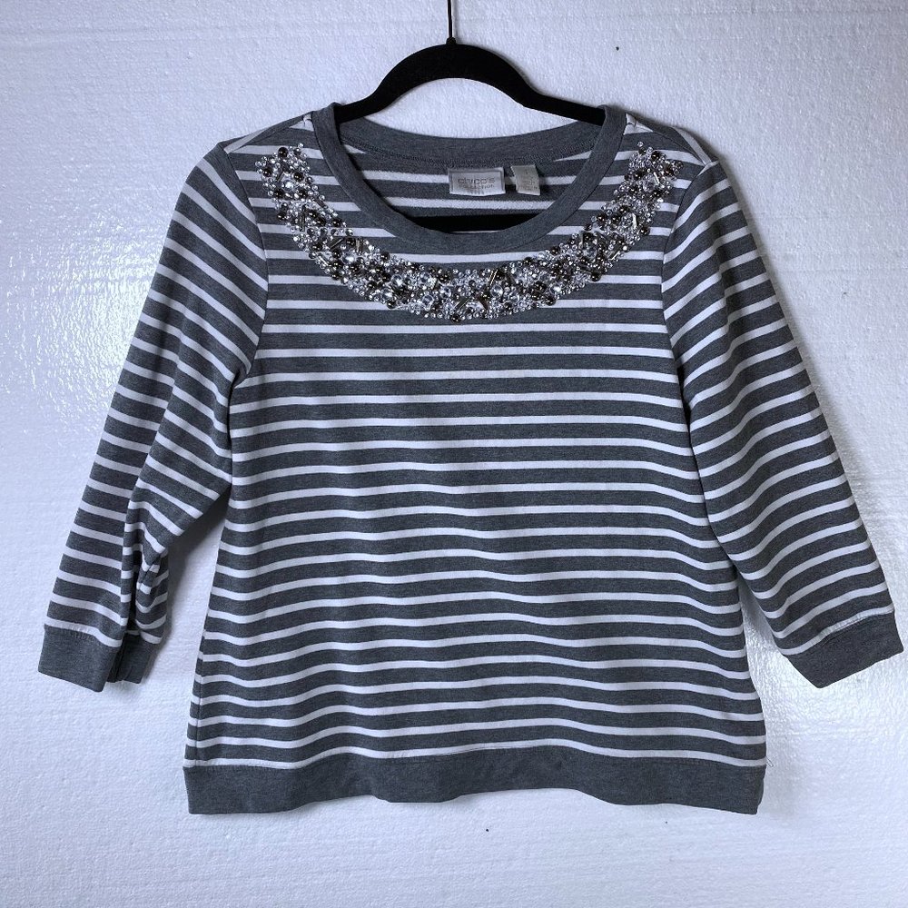 Chico's Women's Size 1 M Beaded Embellished Gray White Striped Sweater Pullover